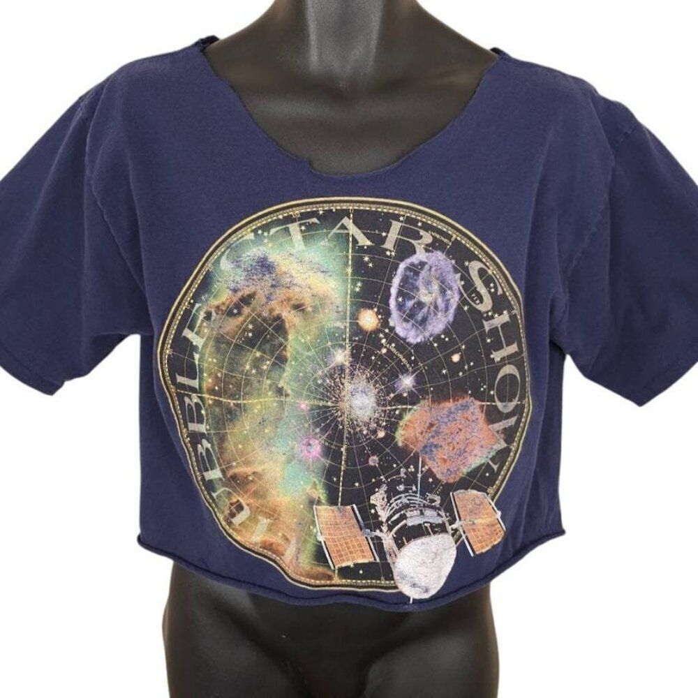 Vintage Hubble Star Show T Shirt Mens Size Medium Blue Crop Top Outer Space
